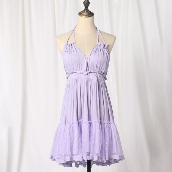 Lilac Layered Mesh Skirt Backless Halter Boho Beach Mini Dress - Picture 3 of 16